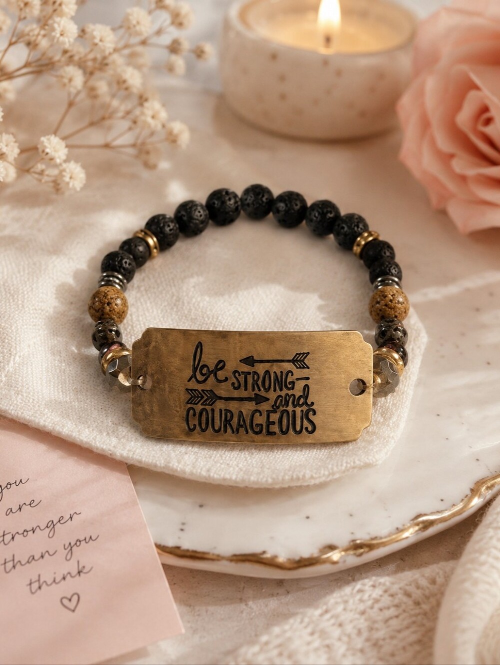 Handmade Be Strong & Courageous Lava Stone Diffuser Bracelet Inspirational Gift